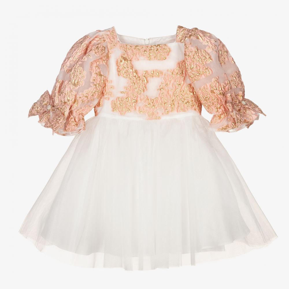 David Charles - Robe rose en brocart Fille  | Childrensalon