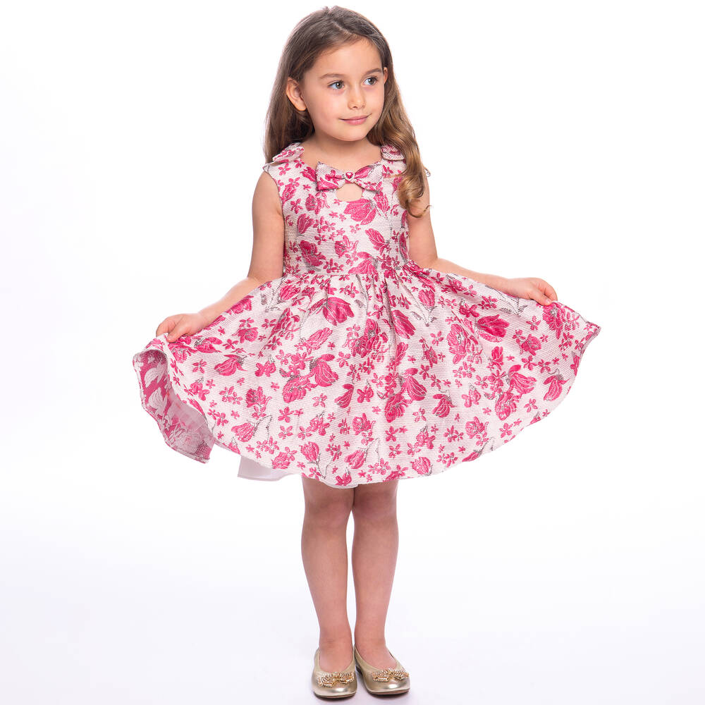 David Charles-Girls Pink Floral Cotton Brocade Dress | Childrensalon Outlet