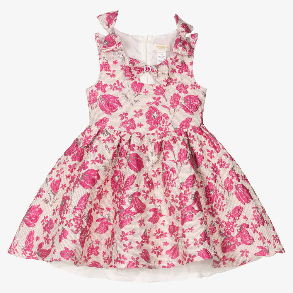 David Charles - Girls Pink Floral Cotton Brocade Dress | Childrensalon