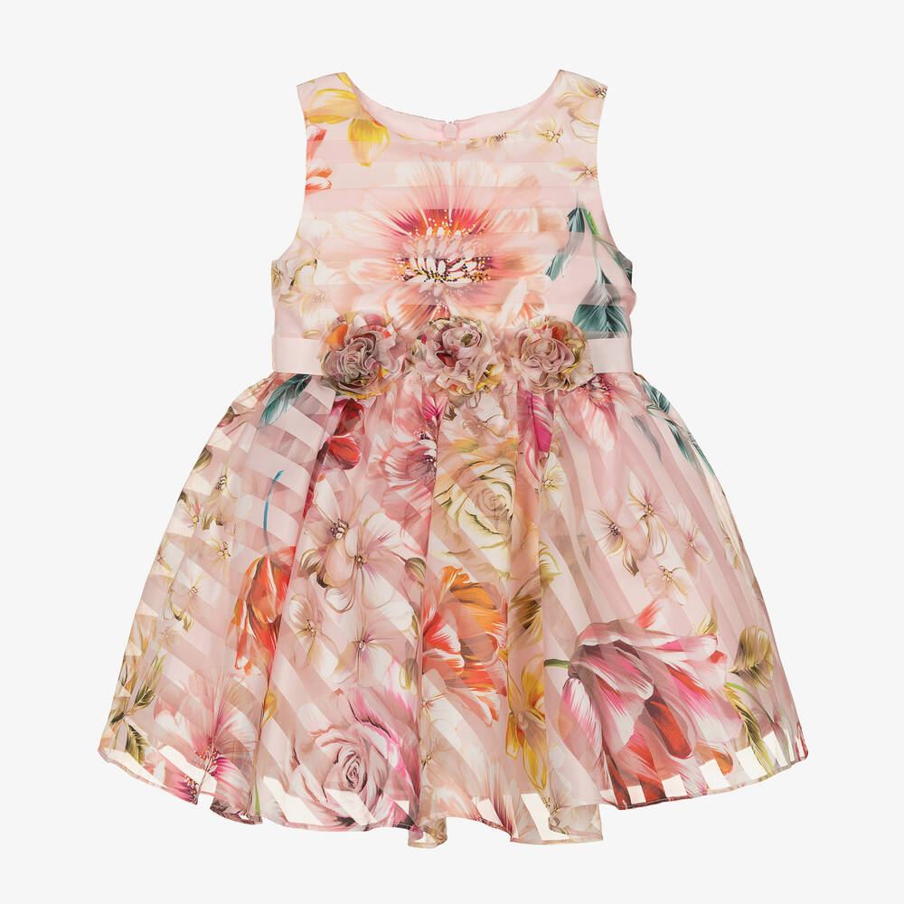 David Charles - Robe rose en organza à fleurs fille | Childrensalon