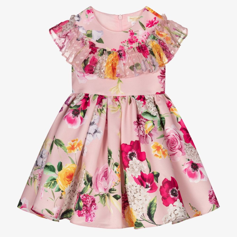 David Charles - Girls Pink Floral Satin Dress | Childrensalon