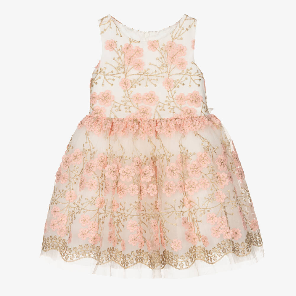 David Charles - Girls Pink & Gold Floral Tulle Dress | Childrensalon