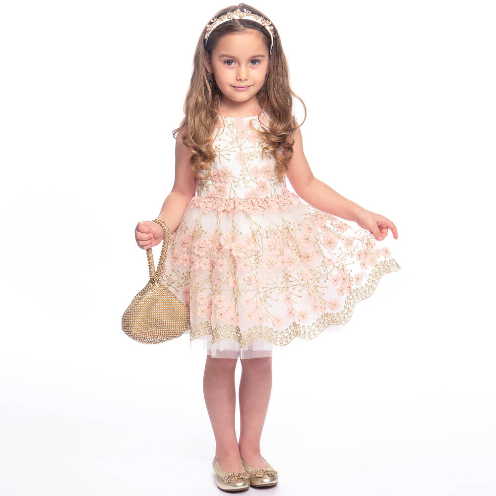 David Charles - Girls Pink & Gold Floral Tulle Dress | Childrensalon Outlet