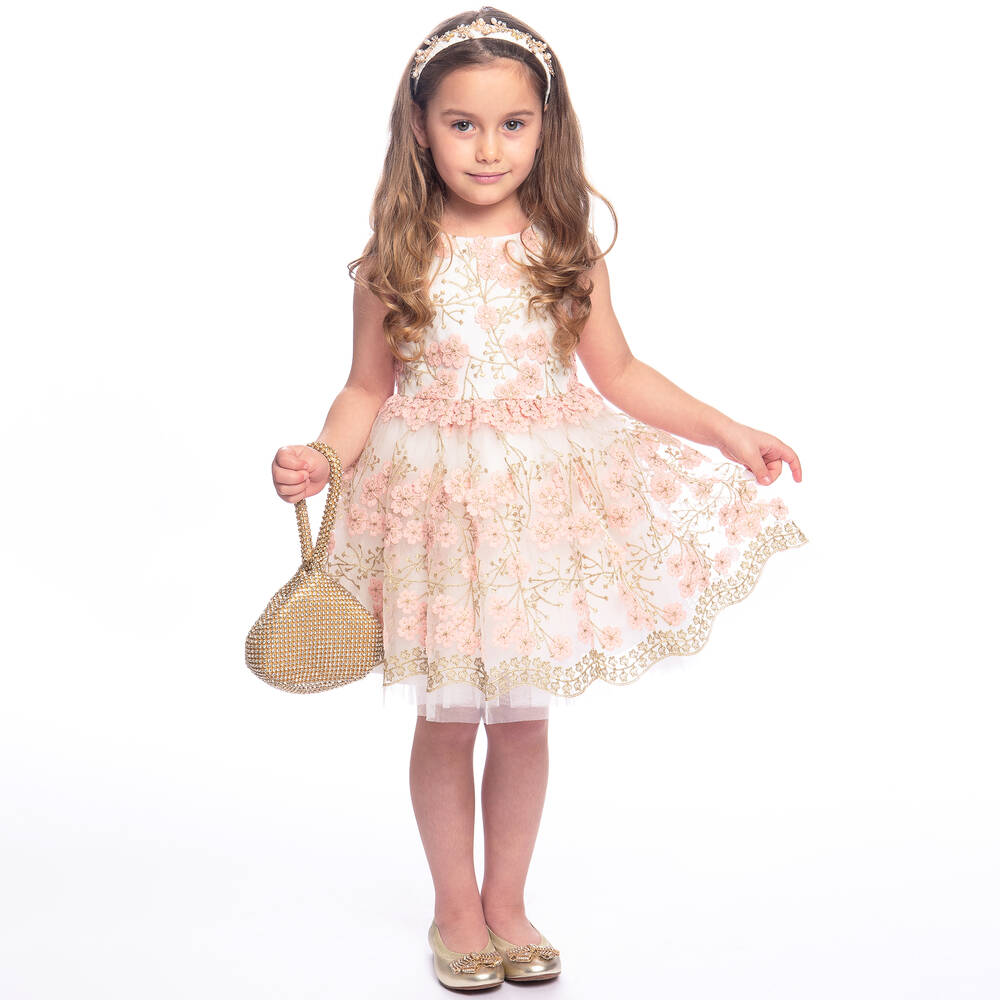 David Charles-Girls Pink & Gold Floral Tulle Dress | Childrensalon Outlet