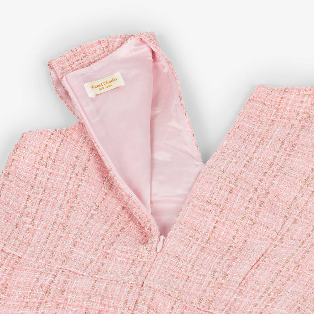 David Charles-Girls Pink & Gold Tweed Diamanté Bow Dress | Childrensalon Outlet