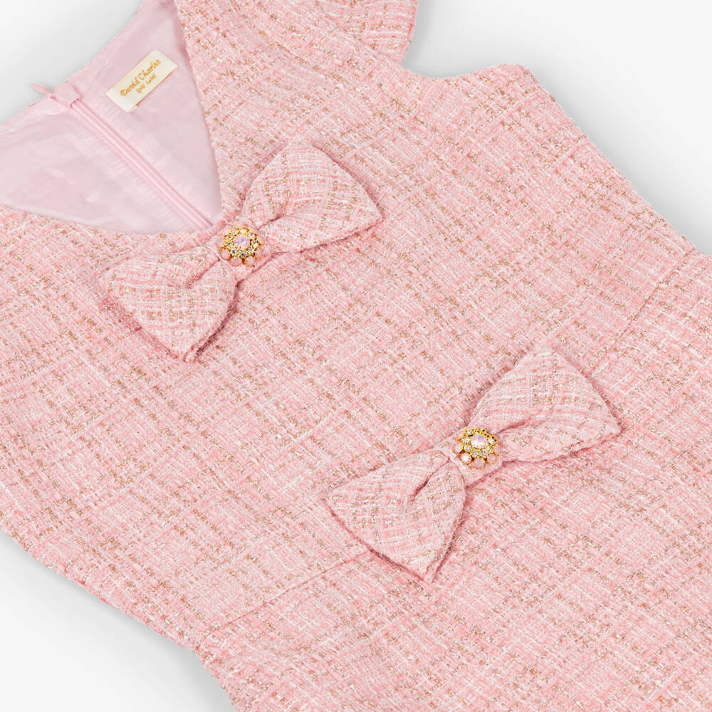 David Charles-Girls Pink & Gold Tweed Diamanté Bow Dress | Childrensalon Outlet