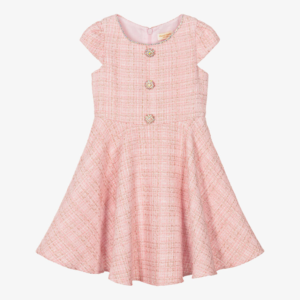 David Charles-Girls Pink & Gold Tweed Dress with Crystal Buttons | Childrensalon Outlet