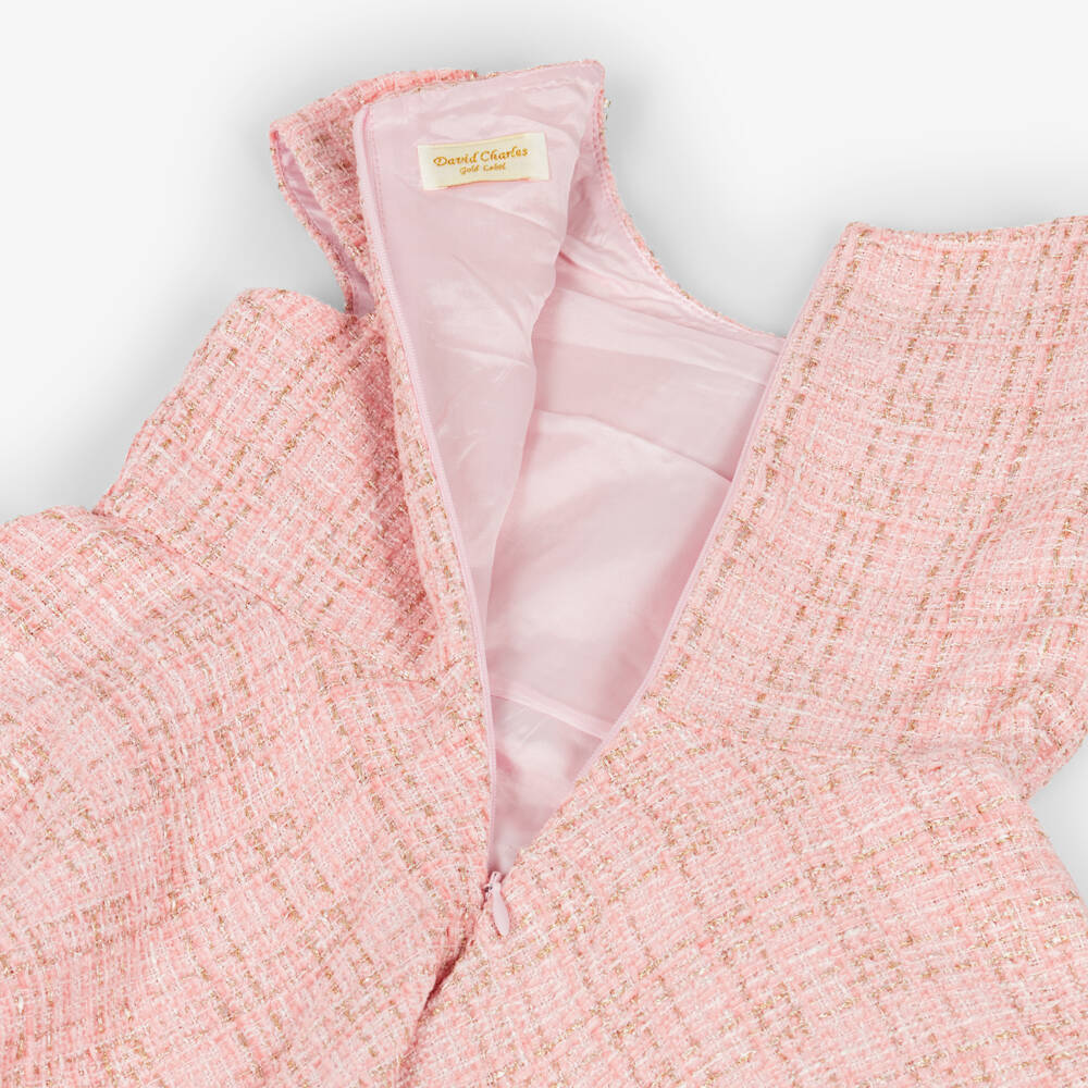 David Charles-Girls Pink & Gold Tweed Dress with Crystal Buttons | Childrensalon Outlet