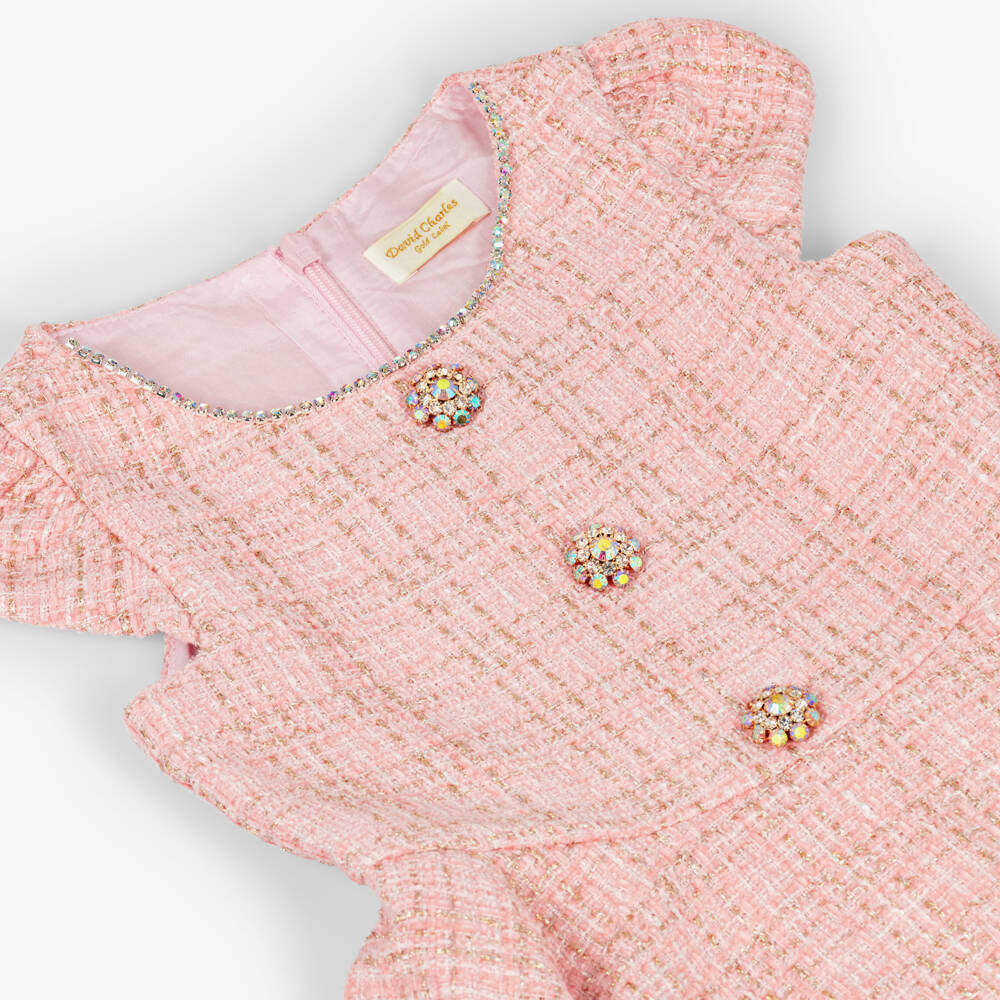 David Charles-Girls Pink & Gold Tweed Dress with Crystal Buttons | Childrensalon Outlet
