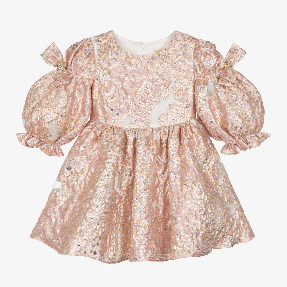 David Charles - Girls Pink Jacquard Organza Dress | Childrensalon
