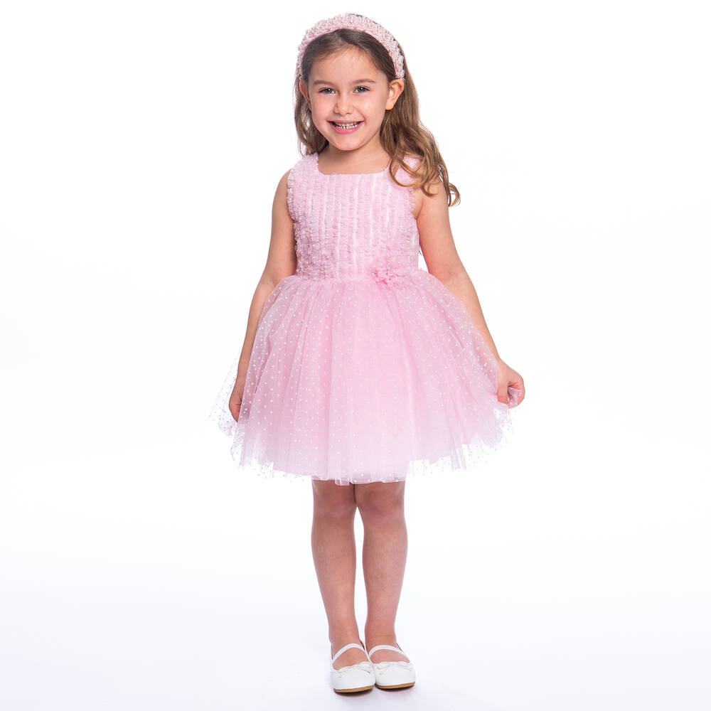 David Charles-Girls Pink Tulle Polka Dot Dress | Childrensalon Outlet