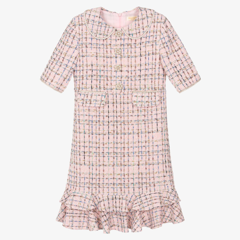 David Charles-Girls Pink Tweed Dress with Pearl & Diamanté Buttons | Childrensalon Outlet