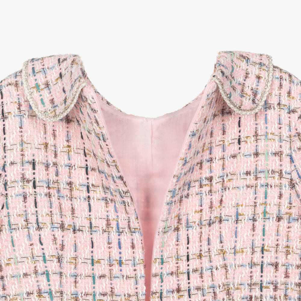 David Charles-Girls Pink Tweed Dress with Pearl & Diamanté Buttons | Childrensalon Outlet