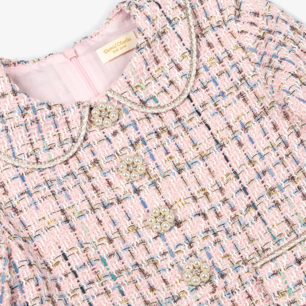 David Charles-Girls Pink Tweed Dress with Pearl & Diamanté Buttons | Childrensalon Outlet