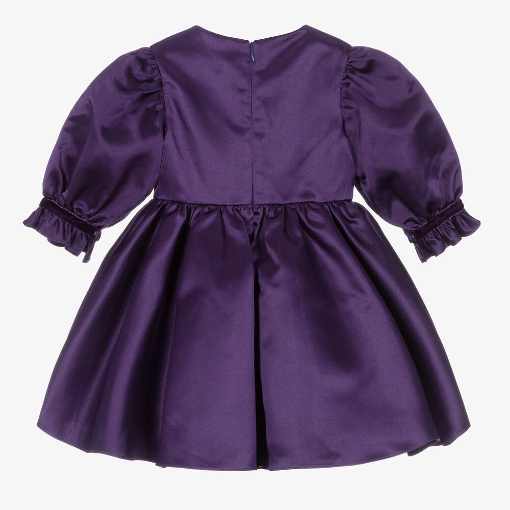 David Charles-Girls Purple Satin Diamanté Button Dress | Childrensalon Outlet