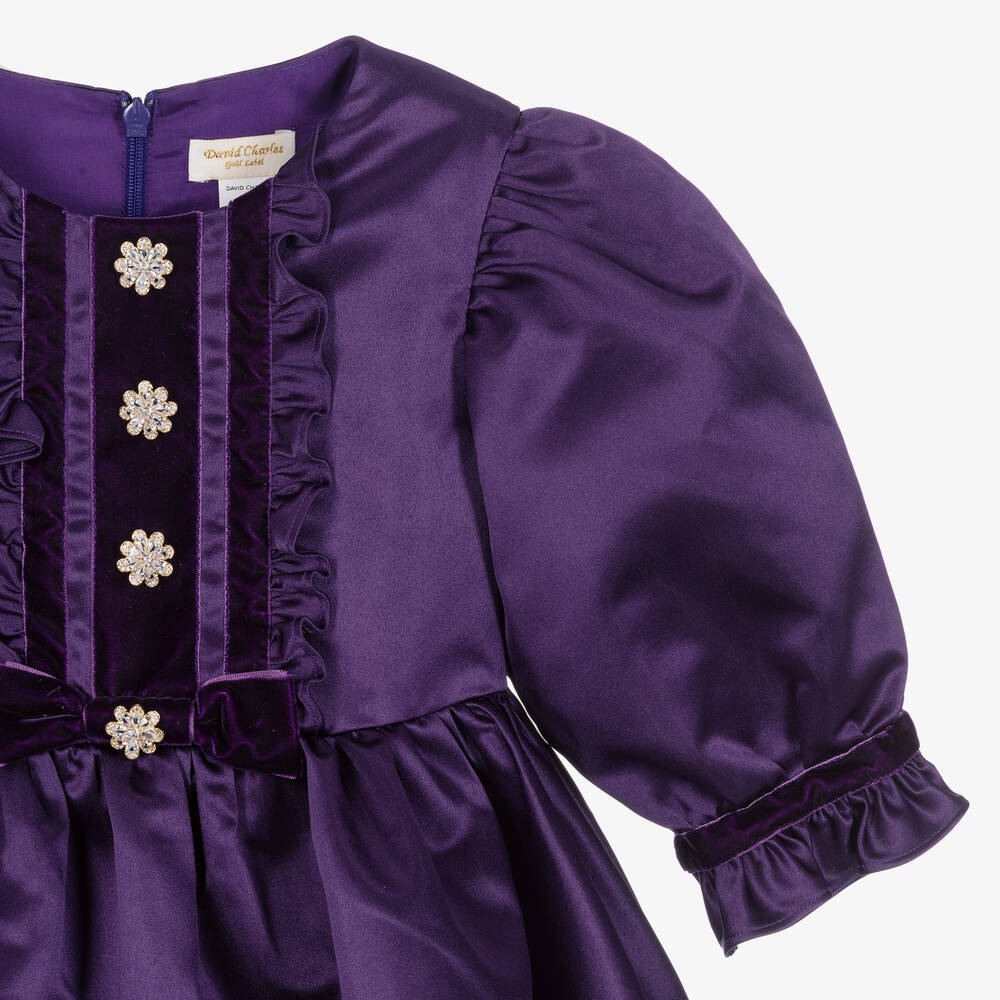 David Charles-Girls Purple Satin Diamanté Button Dress | Childrensalon Outlet
