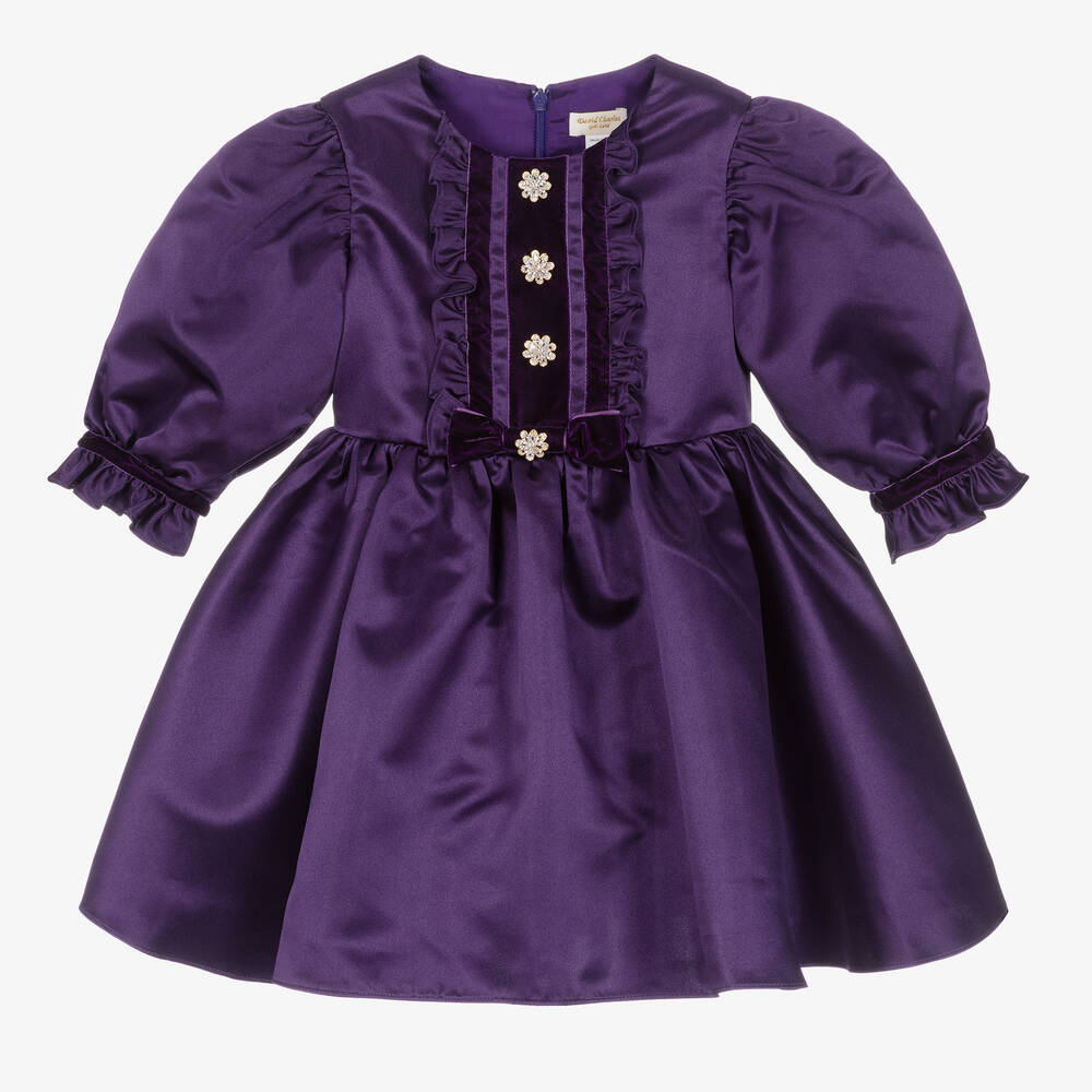 David Charles - Girls Purple Satin Diamanté Button Dress | Childrensalon