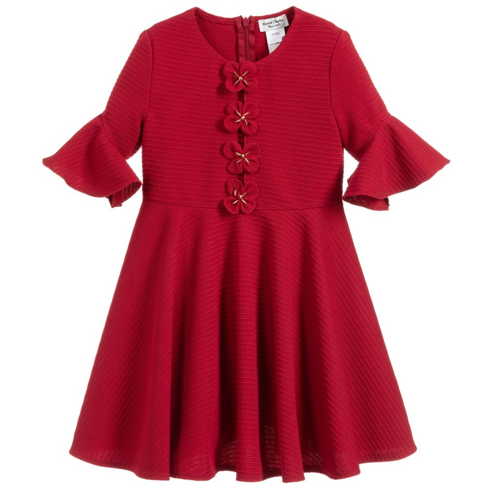 David Charles - فستان لون أحمر مزين بورود | Childrensalon