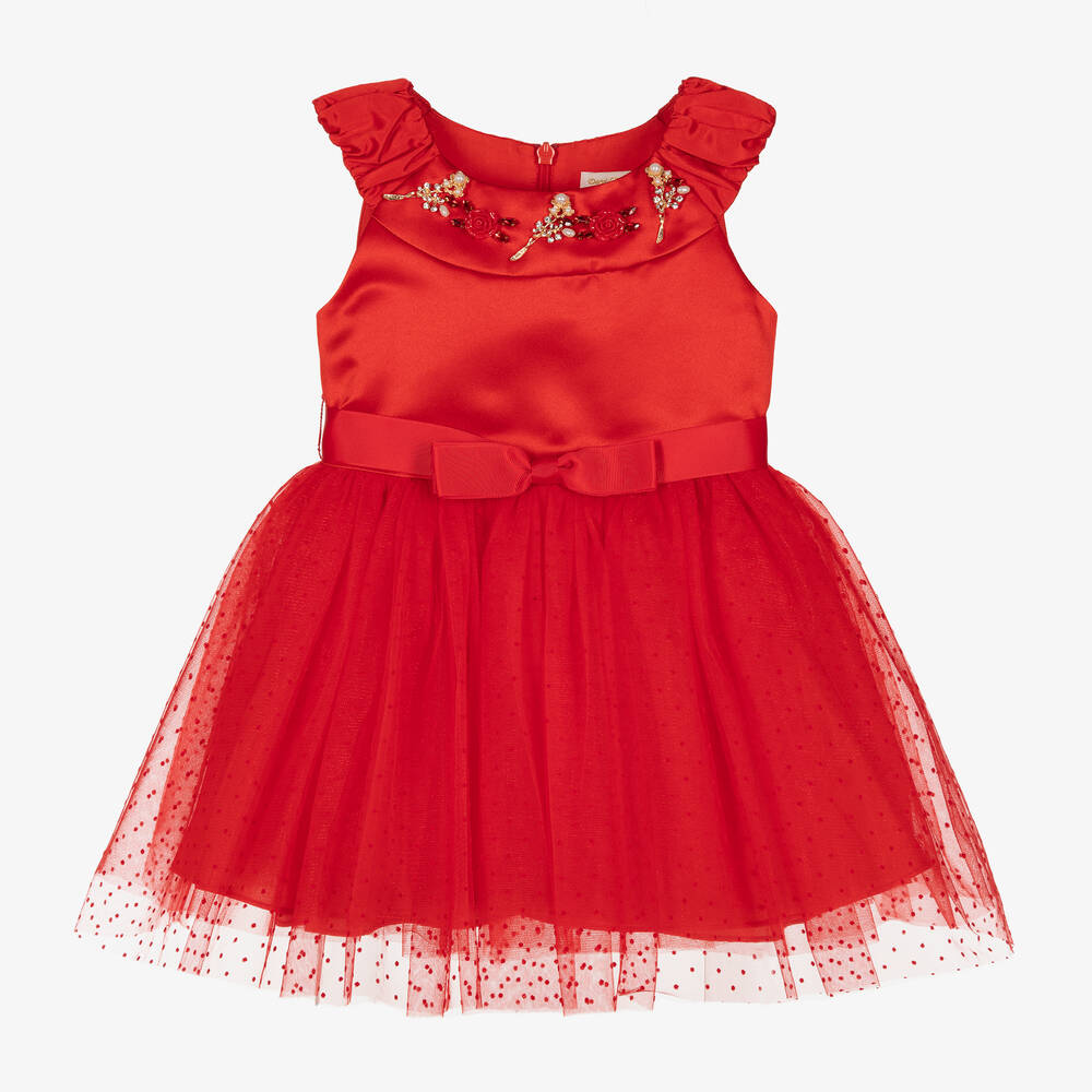 David Charles - Girls Red Satin & Tulle Dress | Childrensalon