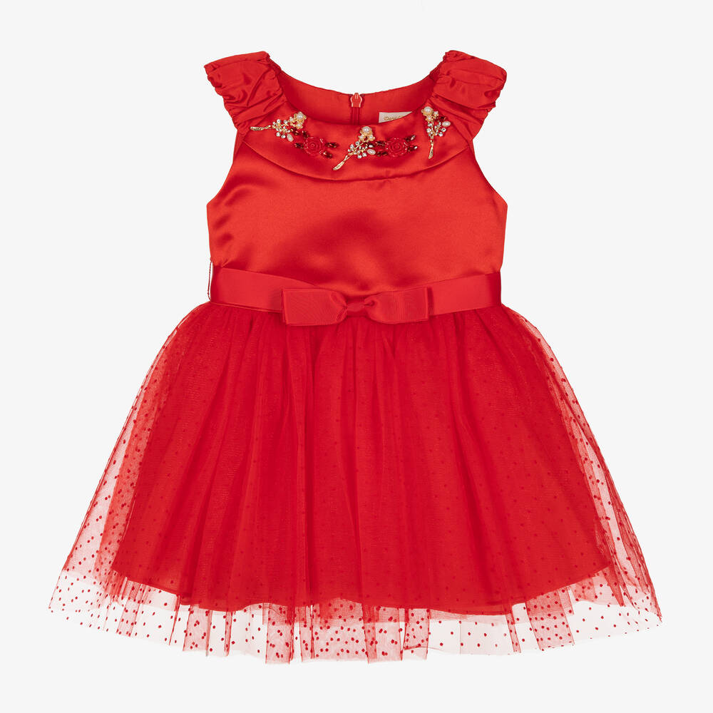 David Charles-Girls Red Satin & Tulle Dress | Childrensalon Outlet