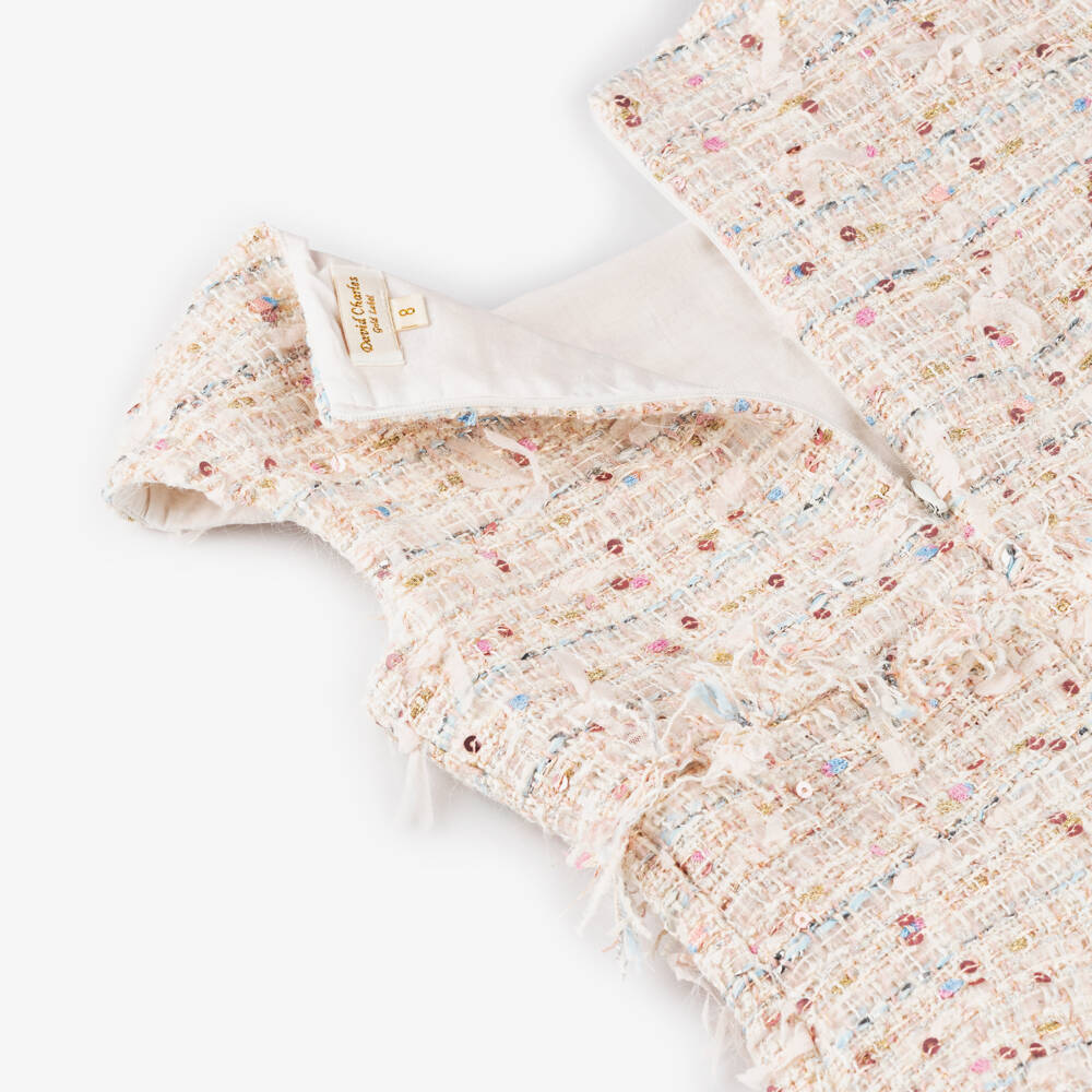 David Charles-Girls Sequin-Embellished Tweed Dress in Ivory | Childrensalon Outlet