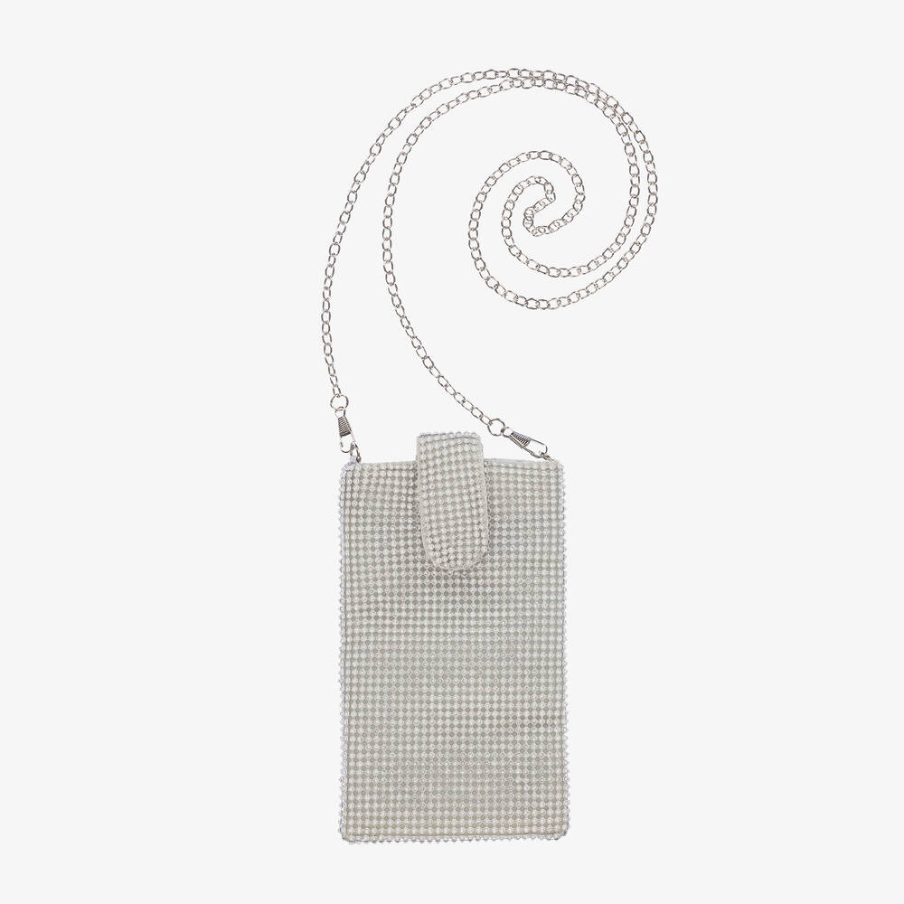 David Charles - Girls Silver Diamantés Phone Bag (18cm) | Childrensalon