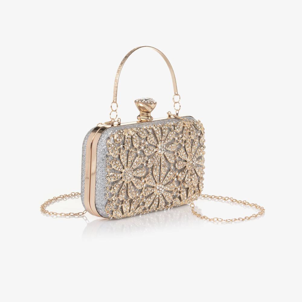 David Charles-Girls Silver Glitter & Gold Flower Bag | Childrensalon Outlet