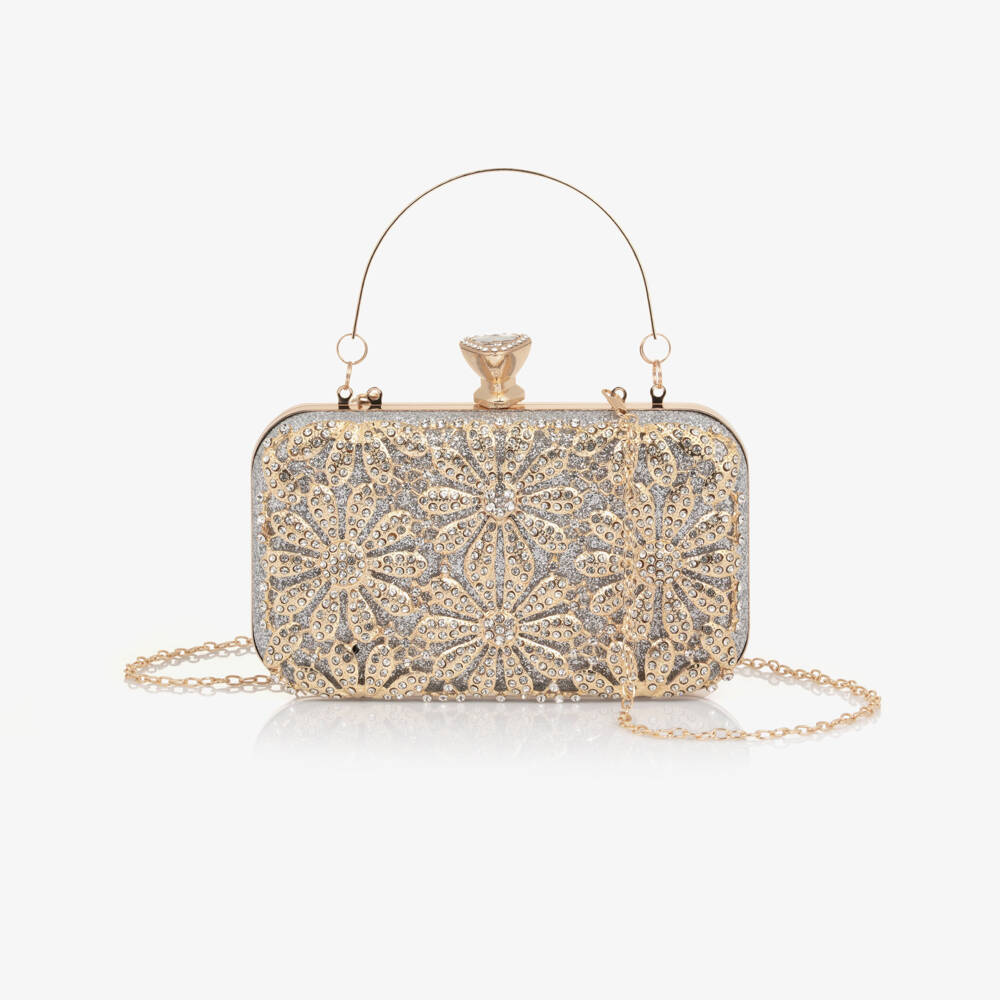 David Charles-Girls Silver Glitter & Gold Flower Bag | Childrensalon Outlet