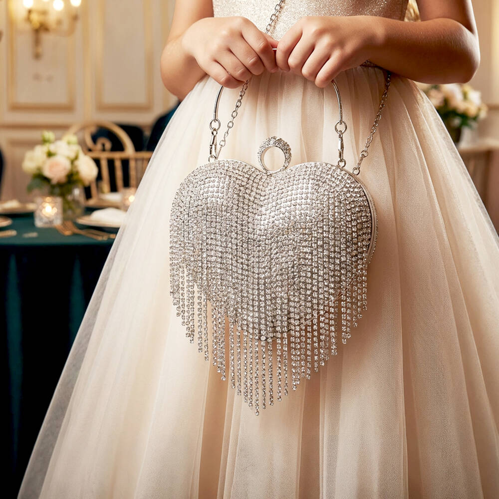 David Charles-Girls Silver Rhinestone Tassel Heart Bag | Childrensalon Outlet