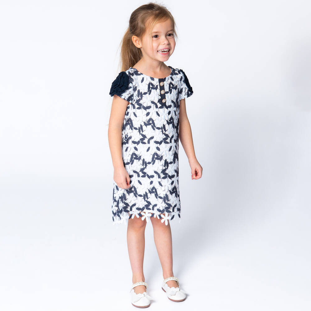 David Charles-Girls White & Blue Lace Dress | Childrensalon Outlet