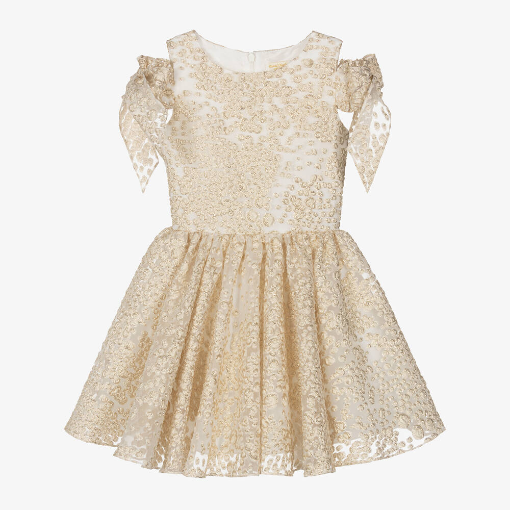 David Charles-Girls White Georgette & Gold Brocade Dress | Childrensalon Outlet