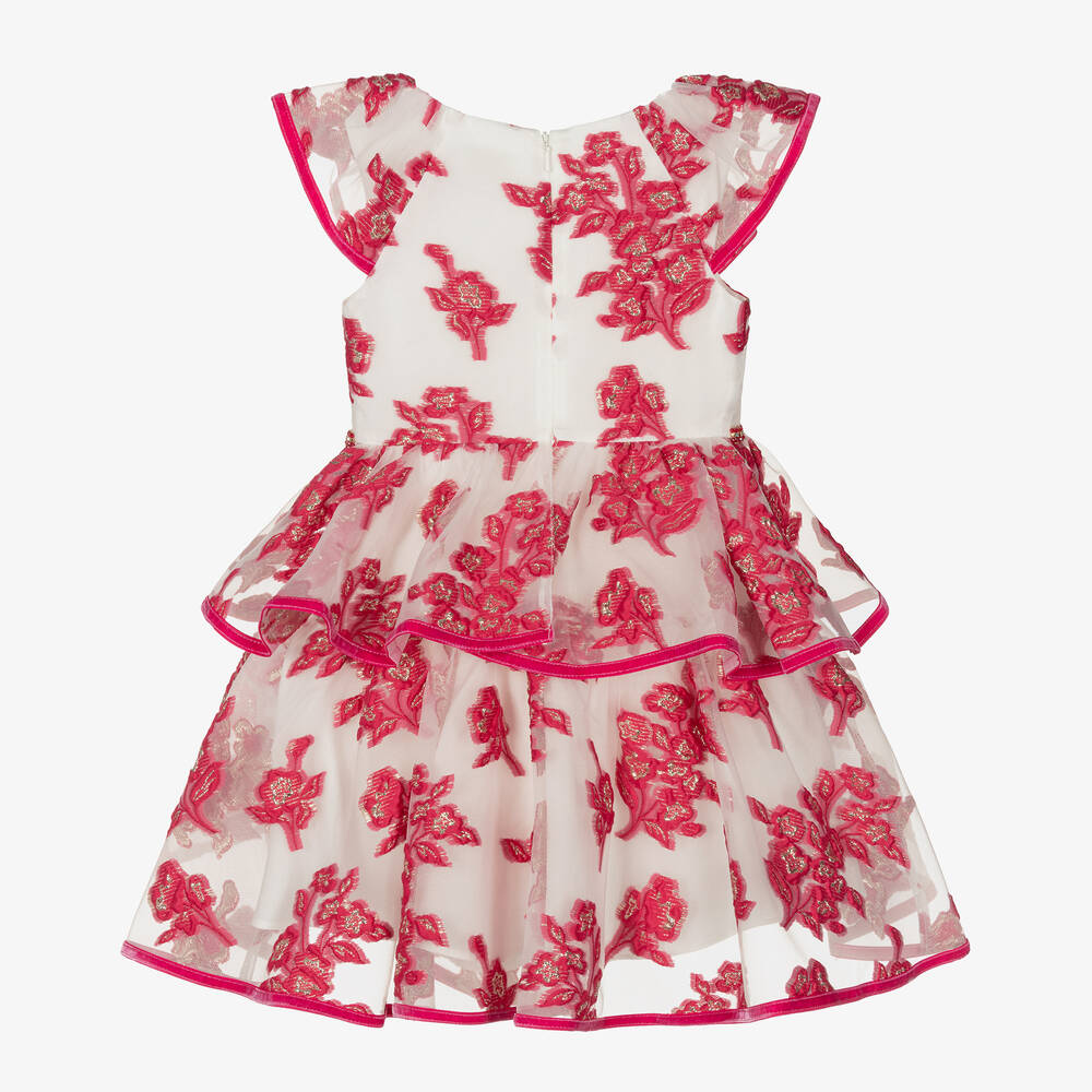 David Charles-Girls White Georgette & Pink Brocade Dress | Childrensalon Outlet