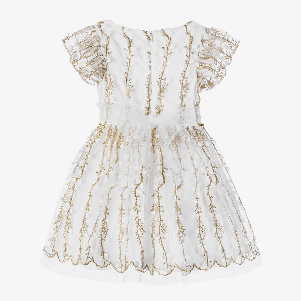 David Charles-Girls White & Gold Tulle Dress | Childrensalon Outlet