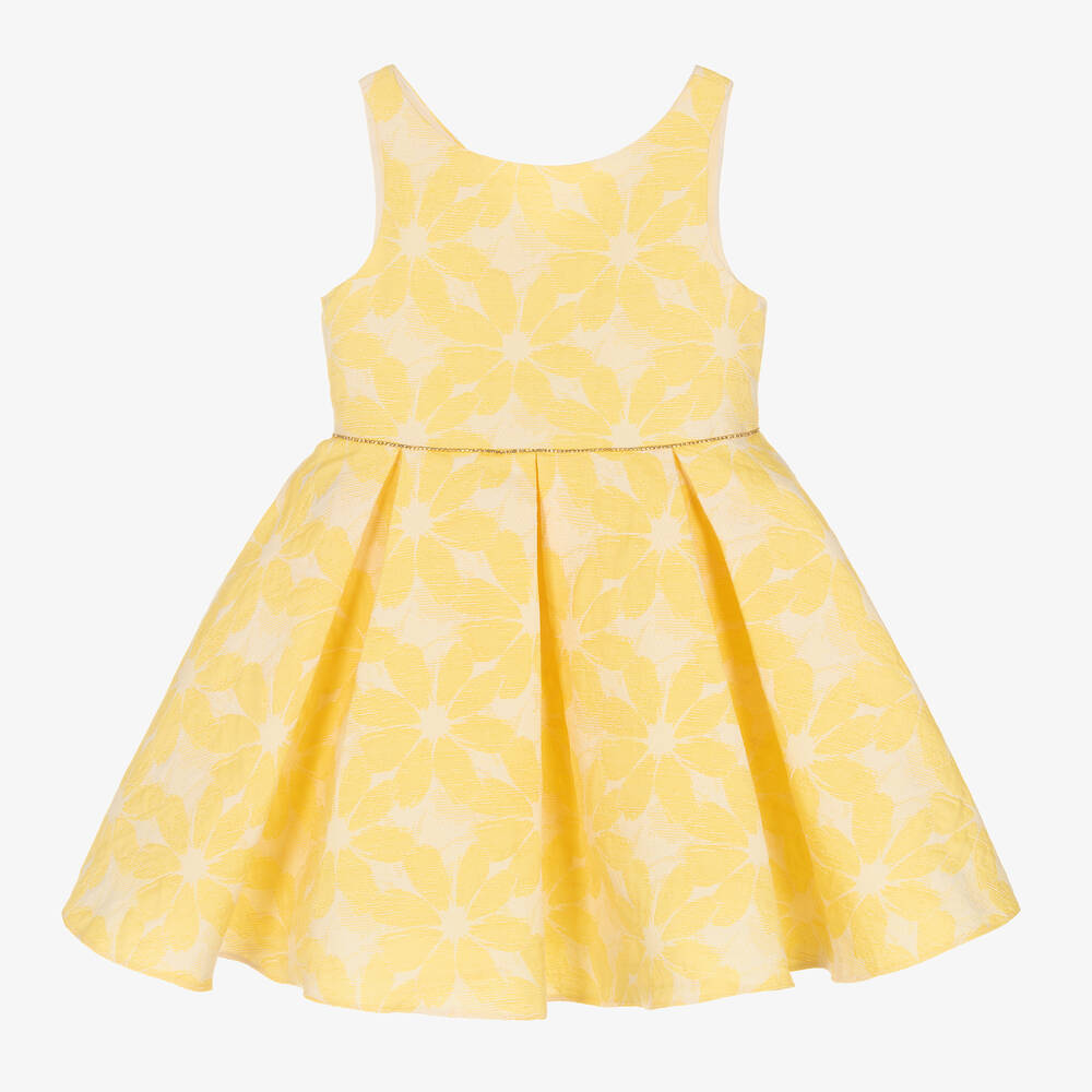David Charles-Girls Yellow Floral Jacquard Dress | Childrensalon Outlet