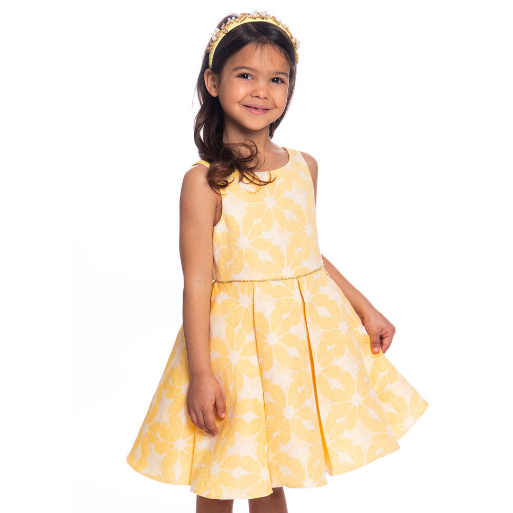 David Charles-Girls Yellow Floral Jacquard Dress | Childrensalon Outlet