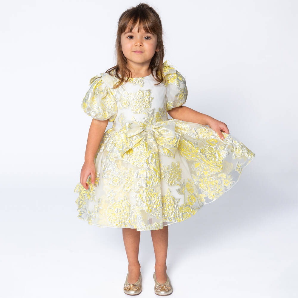 David Charles-Girls Yellow Organza Floral Dress | Childrensalon Outlet