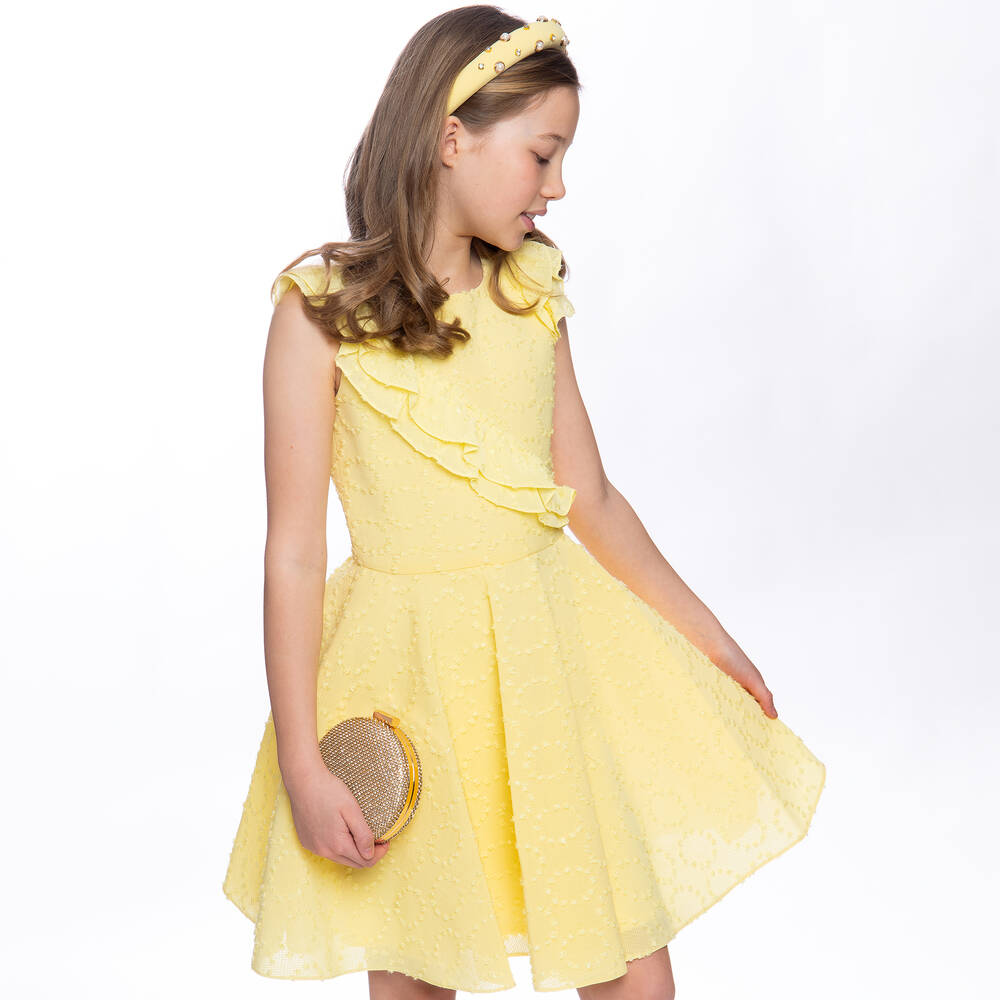 David Charles-Girls Yellow Plumeti Mesh Dress | Childrensalon Outlet