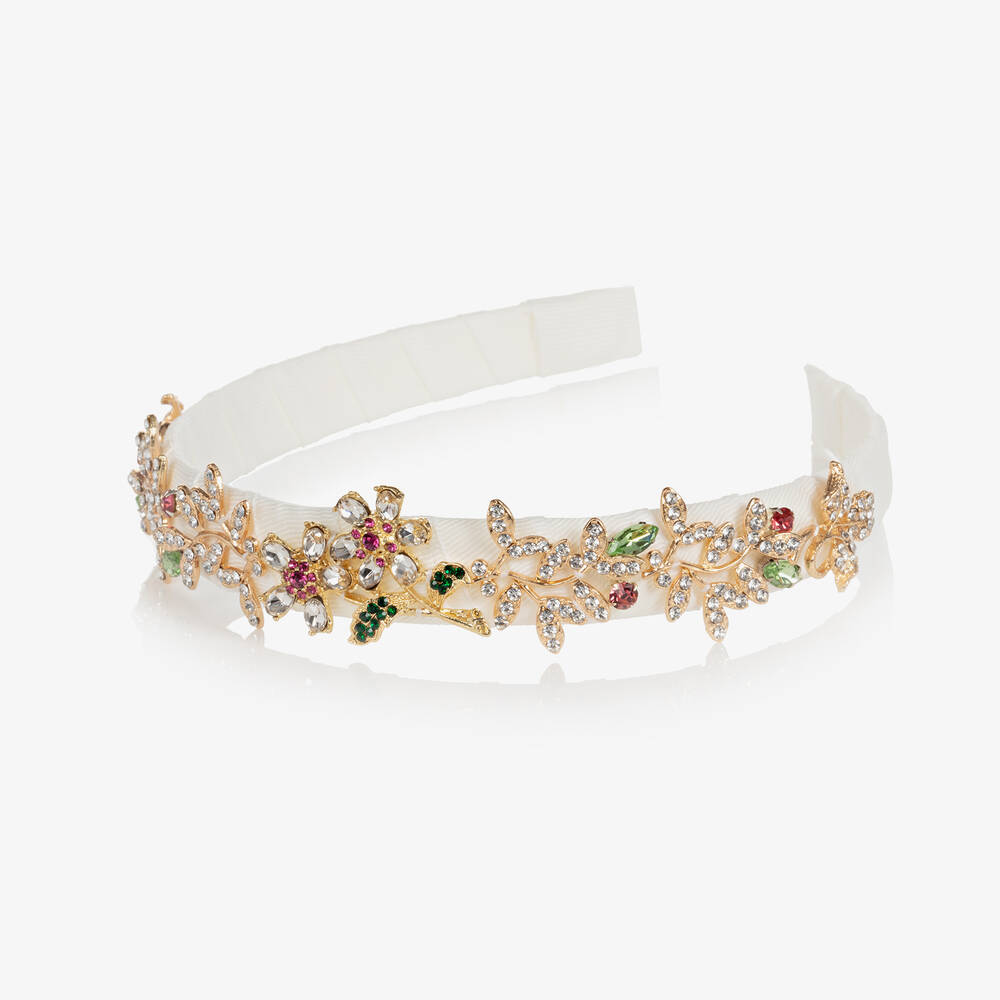 David Charles-Ivory & Gold Crystal Flowers Hairband | Childrensalon Outlet