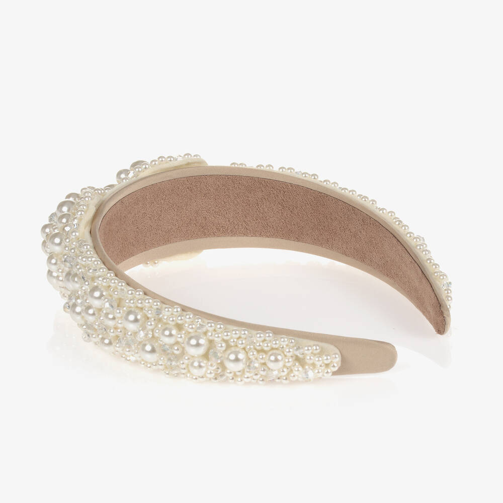 David Charles-Кремовый ободок с бантиком из жемчужин | Childrensalon Outlet