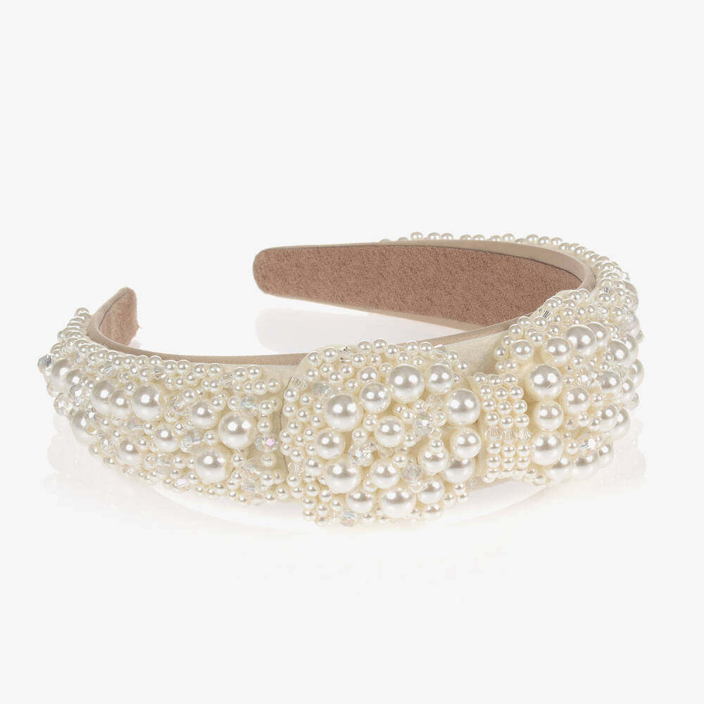 David Charles-Кремовый ободок с бантиком из жемчужин | Childrensalon Outlet