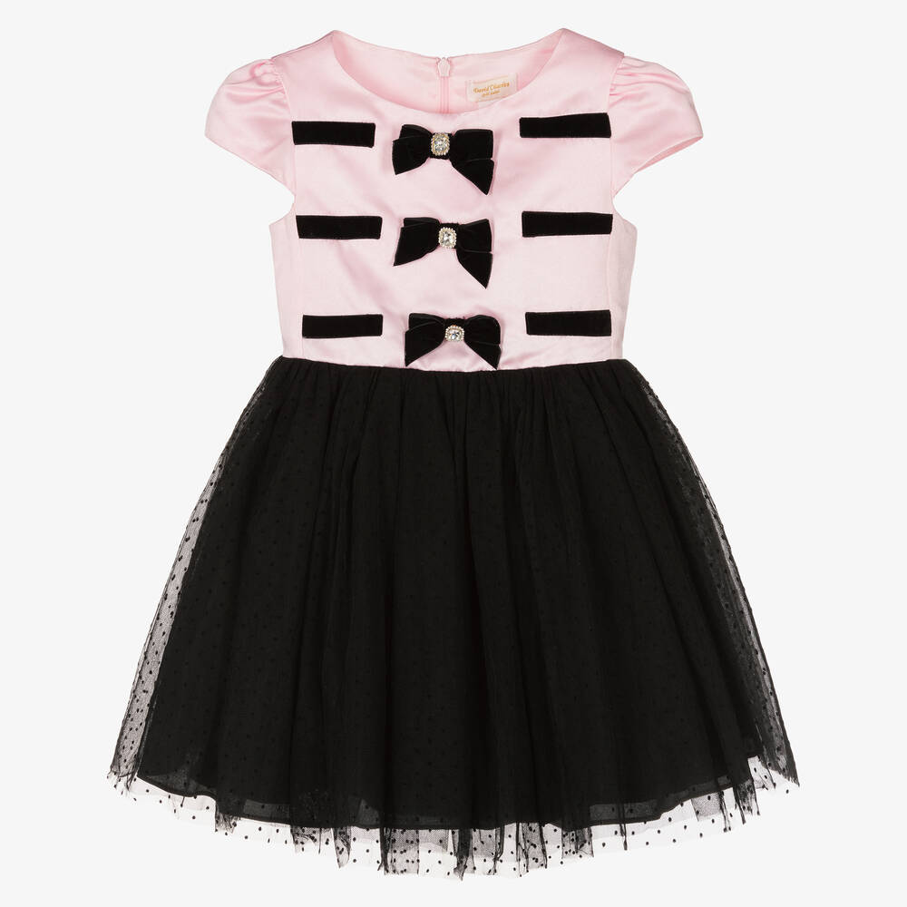 David Charles - Robe rose et noire à nœuds en tulle  | Childrensalon