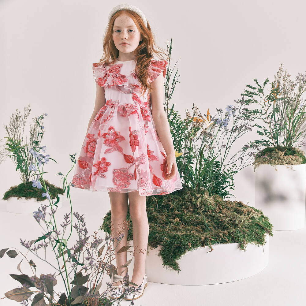 David Charles-Pink & White Organza Dress  | Childrensalon Outlet