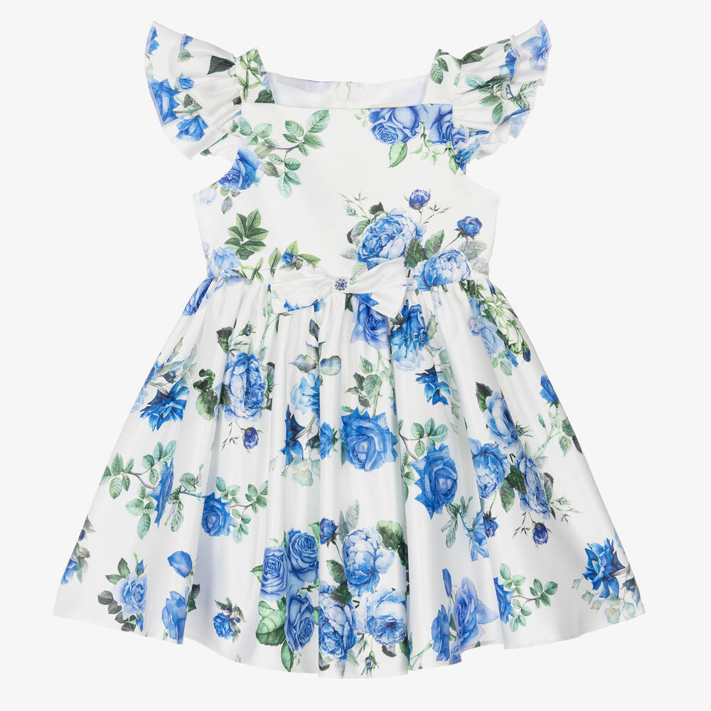 David Charles - White & Blue Floral Satin Dress | Childrensalon