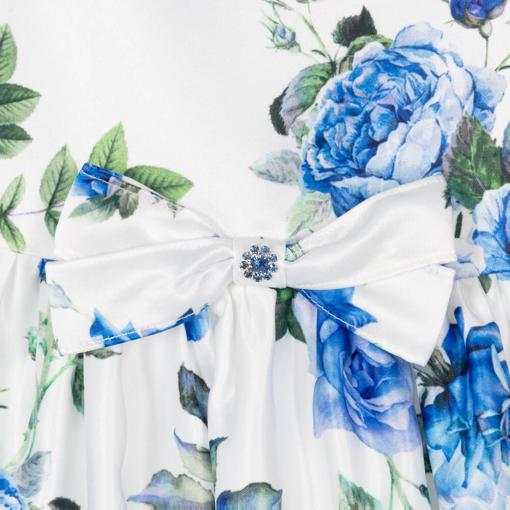 David Charles-White & Blue Floral Satin Dress | Childrensalon Outlet
