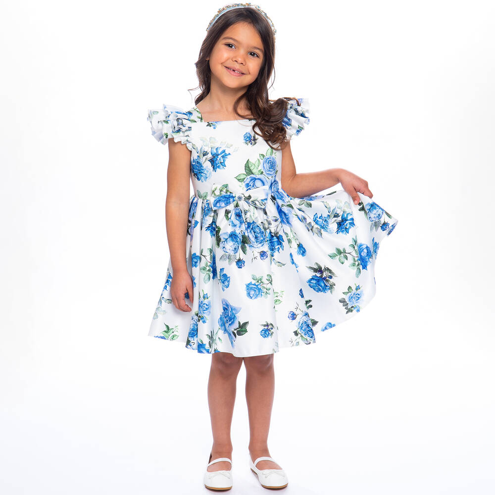 David Charles - White & Blue Floral Satin Dress | Childrensalon Outlet