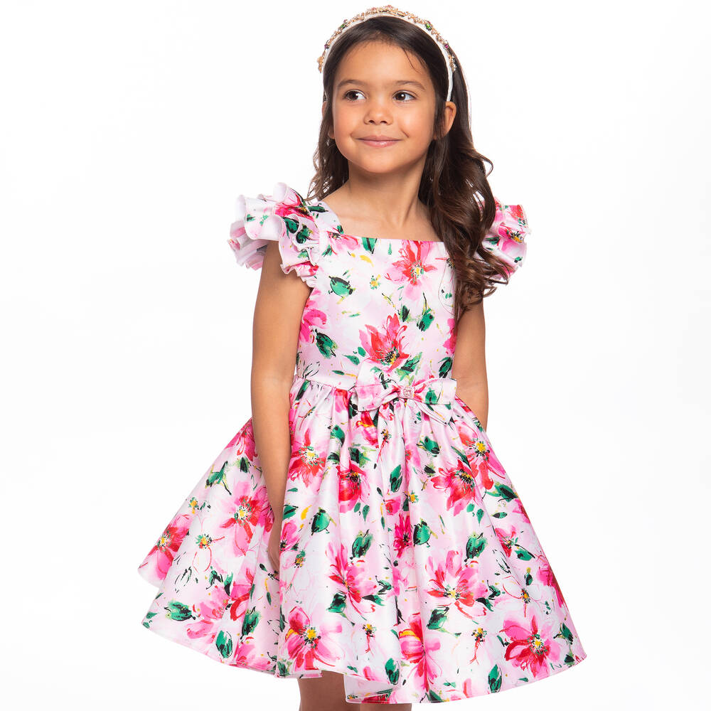 David Charles-White & Pink Floral Satin Dress | Childrensalon Outlet