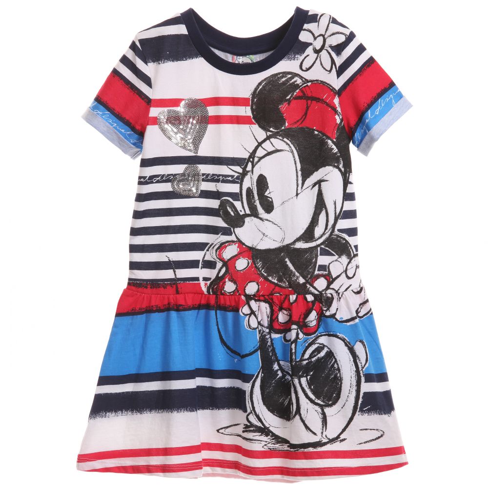 Desigual - Blue Cotton Jersey Striped Minnie Mouse Dress  | Childrensalon