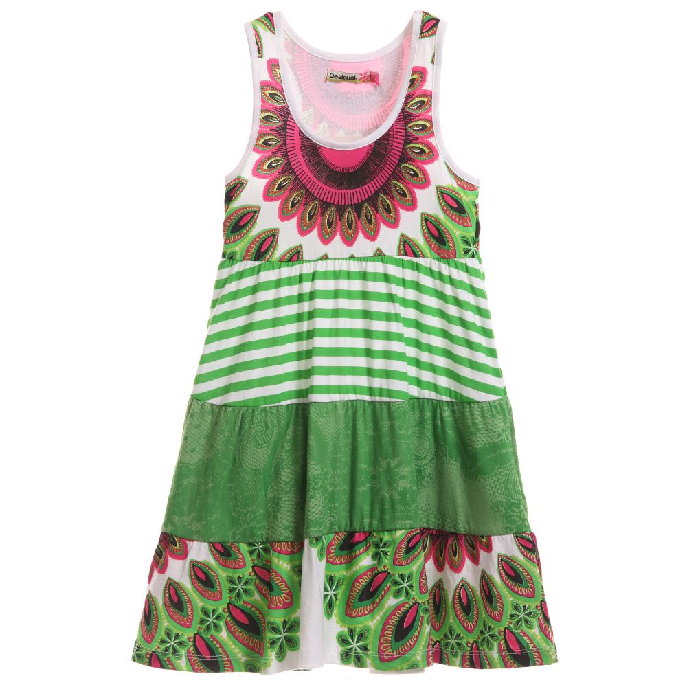 Desigual - فستان جيرزي مخطط بلون أخضر براق و بطبعة أزهار | Childrensalon