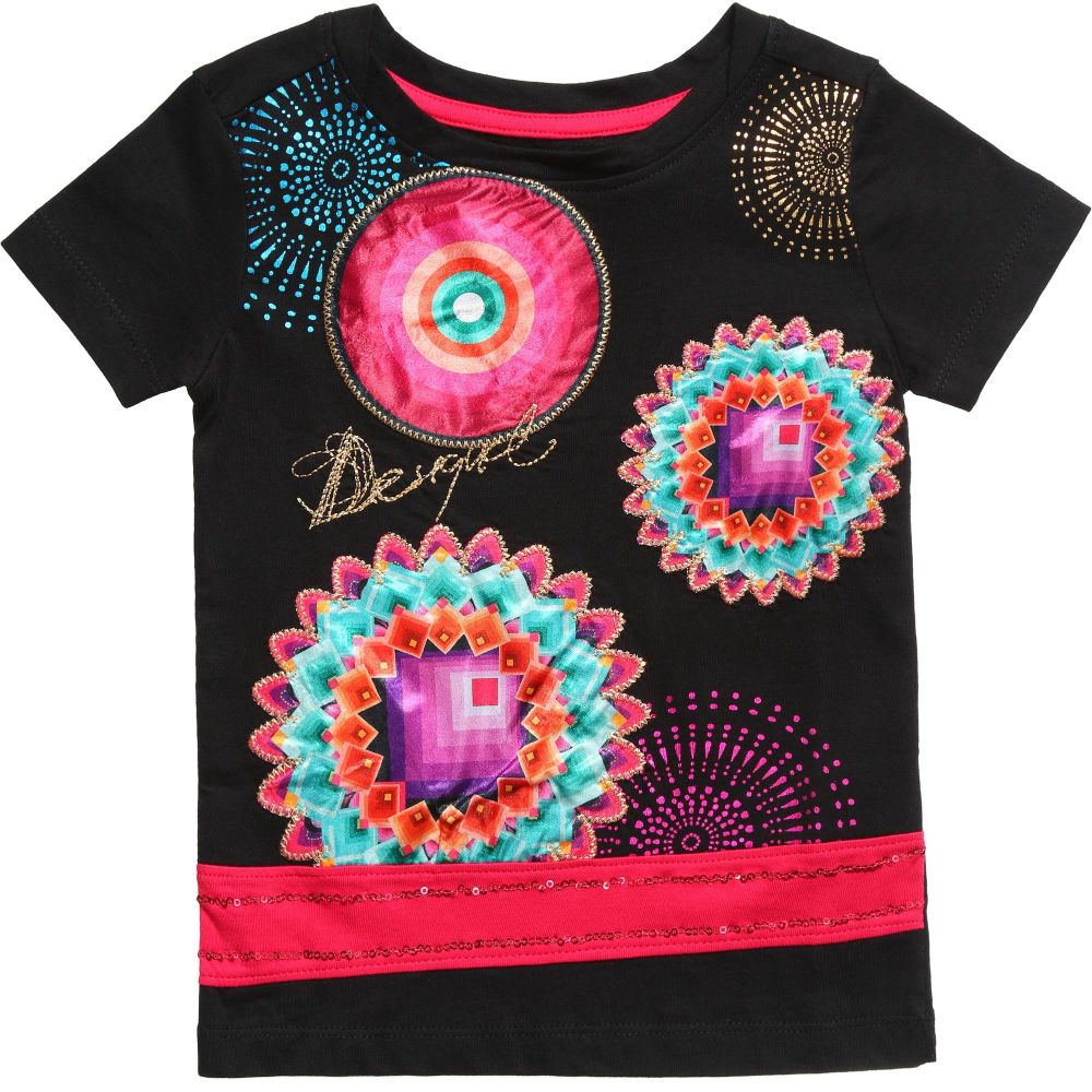 Desigual - Girls Black T-Shirt with Bright Pattern  | Childrensalon