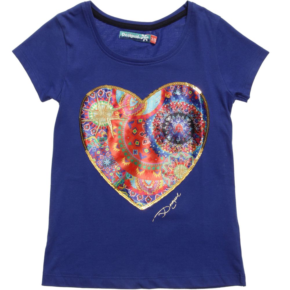 Desigual-Girls Bright Blue T-Shirt with Heart  | Childrensalon Outlet